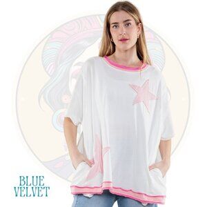 3V BLUE VELVET Double Layer Star Applique Top Pink White